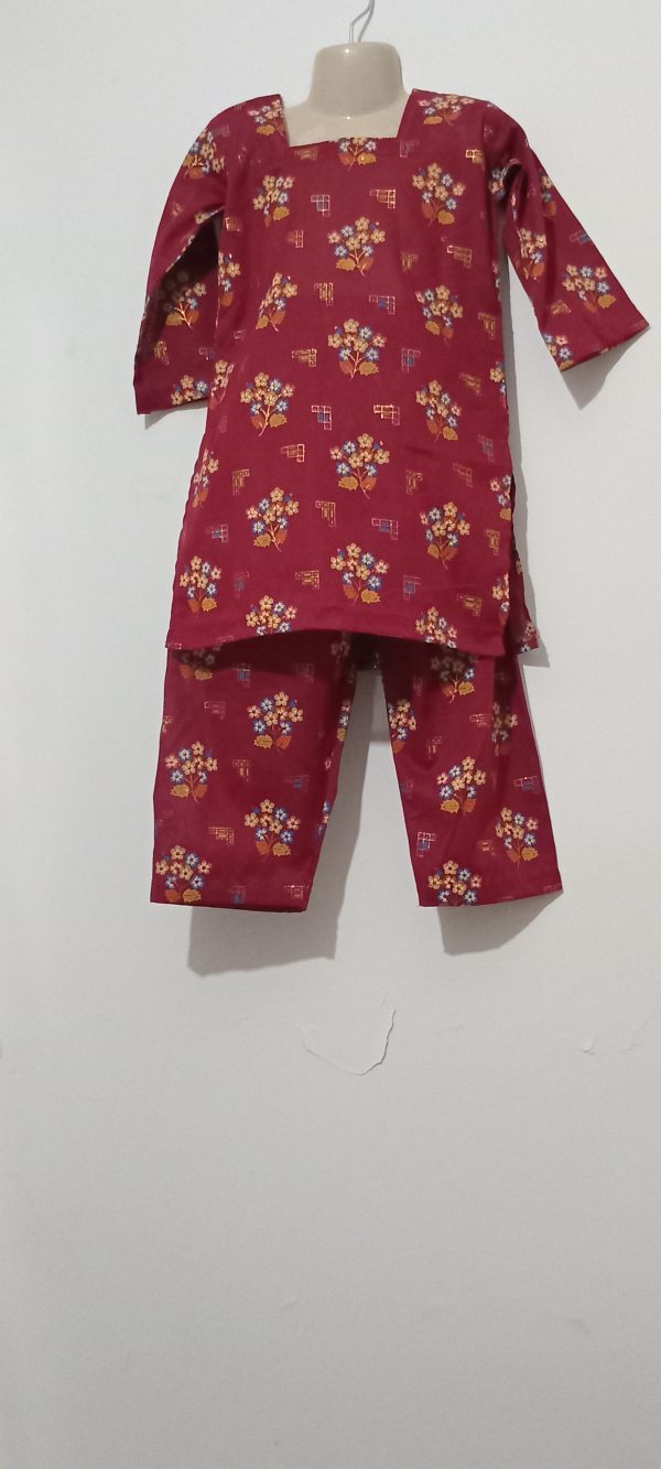 Maroon Digital Multi Flower Leaves Printed Lawn 2 Piece - Girls