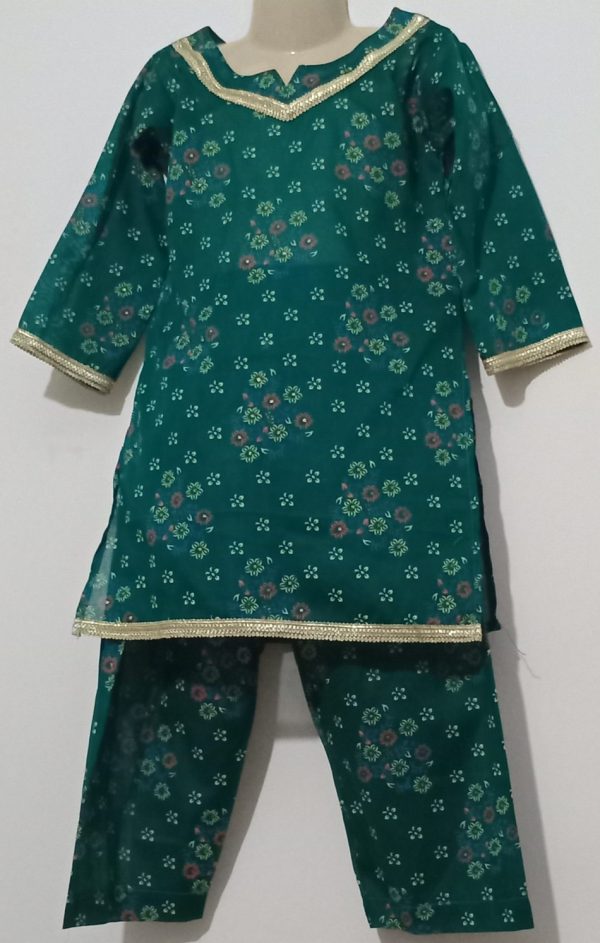 Dark Green Digital Leaves Printed Lawn 2 Piece - Girls