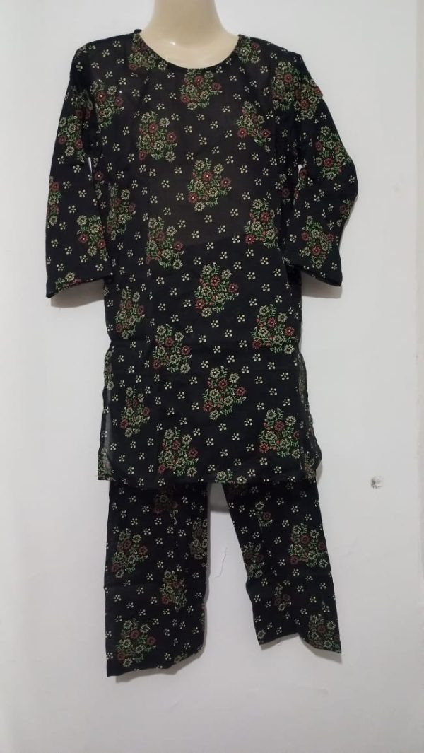 Black Digital Multi Flower Leaves Printed Lawn 2 Piece - Girls