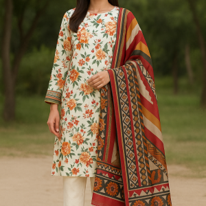 Floral Red and Orange - Lawn 3 Piece