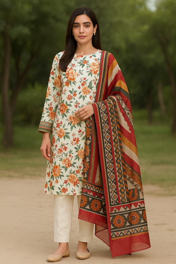 Floral Red and Orange - Lawn 3 Piece