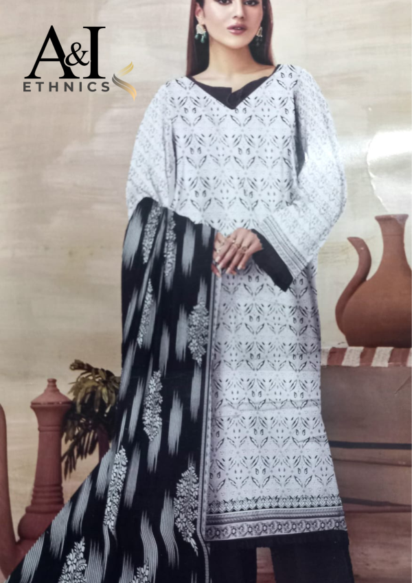 White with Black - 3PC Unstitched Lawn Suit