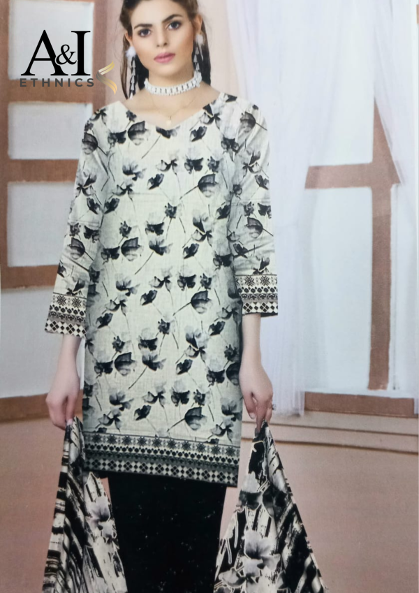 Cream color with Black - 3PC Unstitched Lawn Suit