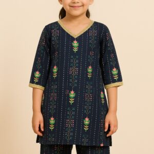 Digital Flower And Box Printed Lawn-Navy Blue